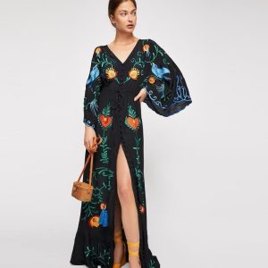 Robe Bohème Noire Maxi Broderie