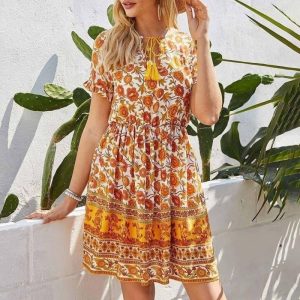 Robe Courte Boho Vintage Jaune